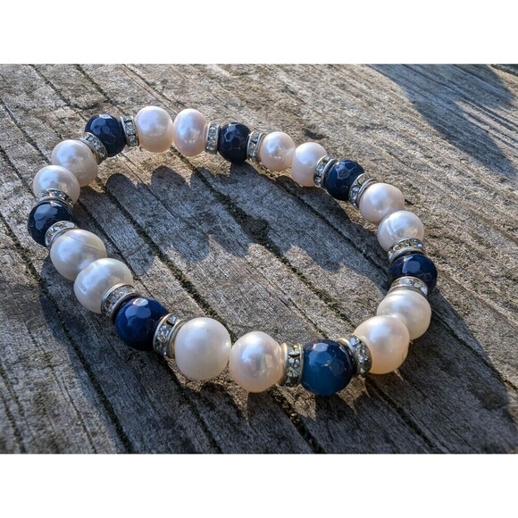 Vintage Rhinestone Pearl Bracelet Stack, 3 Pearly Stretch Bracelets - Picture 7 of 10